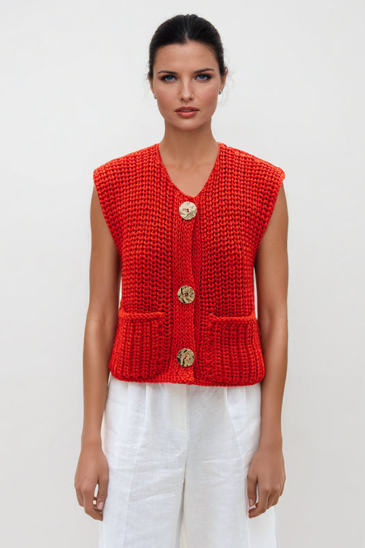 Knitted Sleeveless Top with Golden Buttons - Red