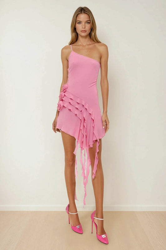 Asymmetrical Mini Dress with 3D Floral Details and Ruffles - Pink