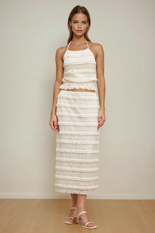 Two-Piece Set with Halter Lace Top and Midi Skirt - Apricot