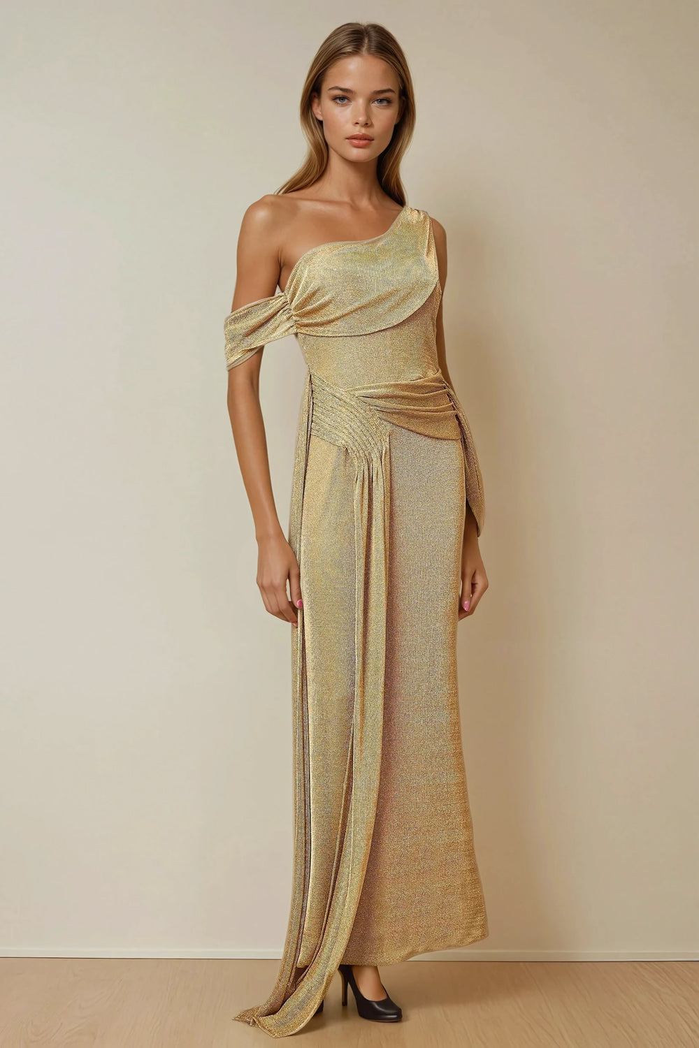 Draped One-Shoulder Textured Maxi Dress - Brown