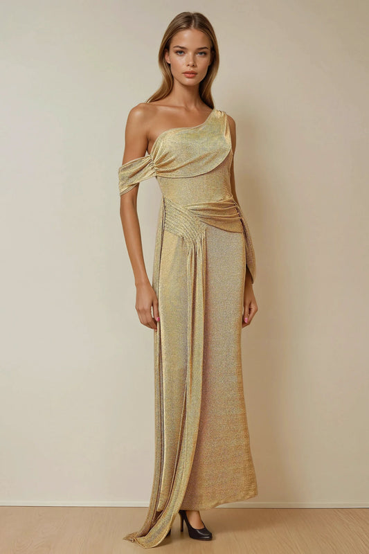 Draped One-Shoulder Textured Maxi Dress - Brown