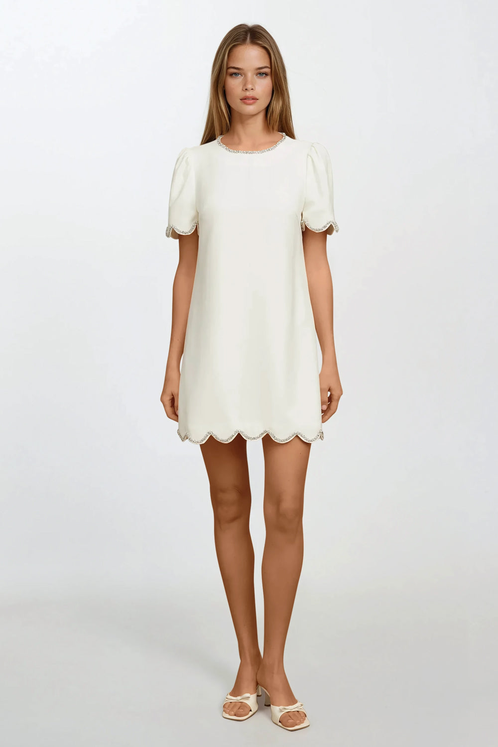 Short Sleeve Mini Dress with Embellished Trim - White