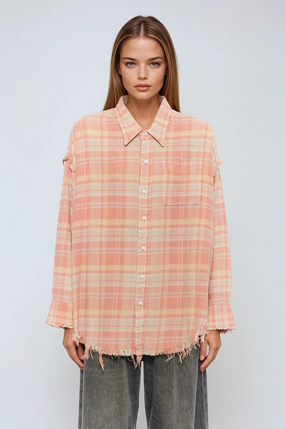 Plaid Button-Up Shirt with Frayed Edges - Orange