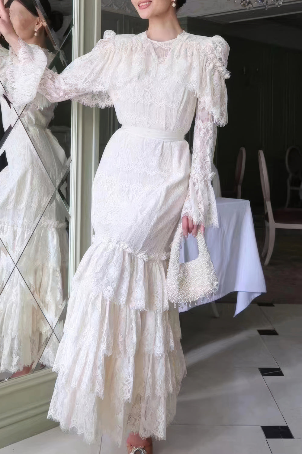 High-Neck Embroidered Lace Maxi Dress with Tiered Skirt