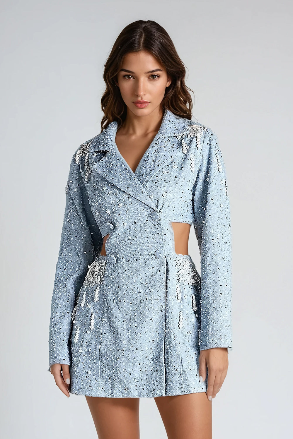 Mini Dress with Embellished Blazer-Style Design - Blue