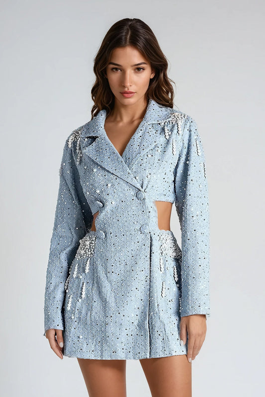 Mini Dress with Embellished Blazer-Style Design - Blue