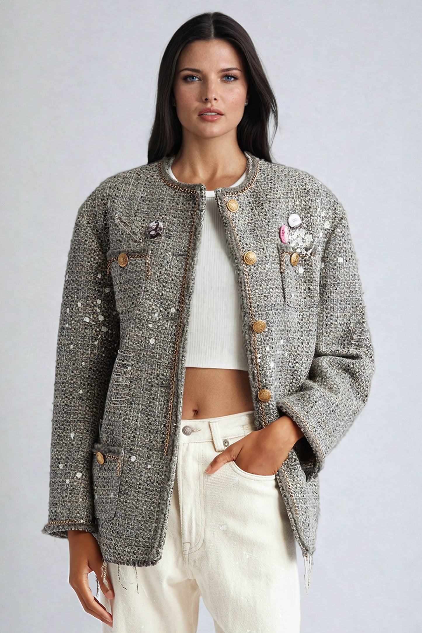 Chain-Embellished Plaid Jacket with Decorative Button Details - Gray