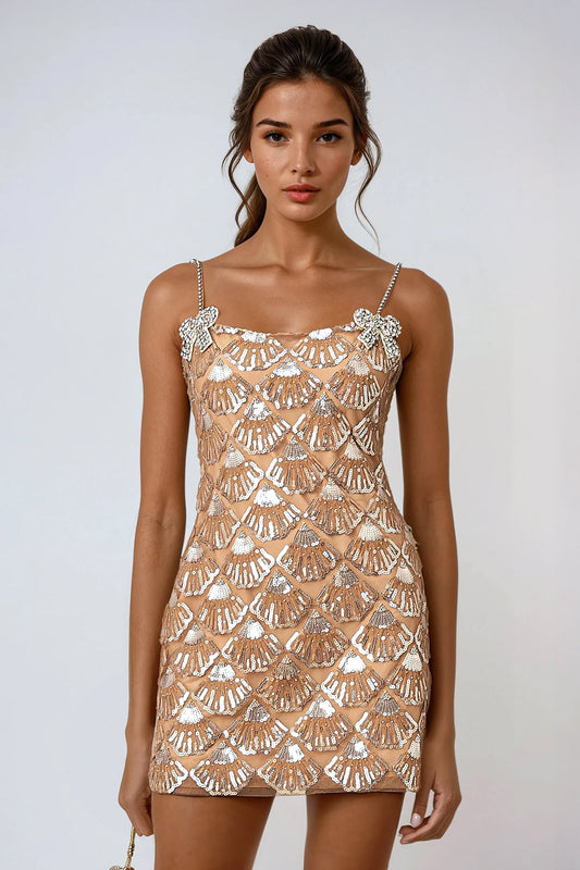 Beaded Embellished Mini Dress - Brown