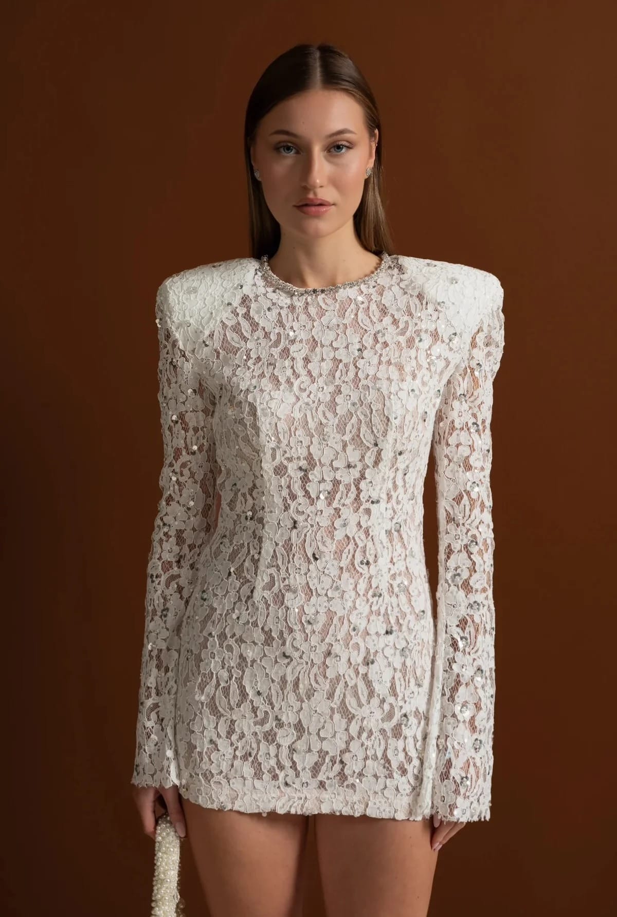 Long Sleeve Lace Mini Dress - White