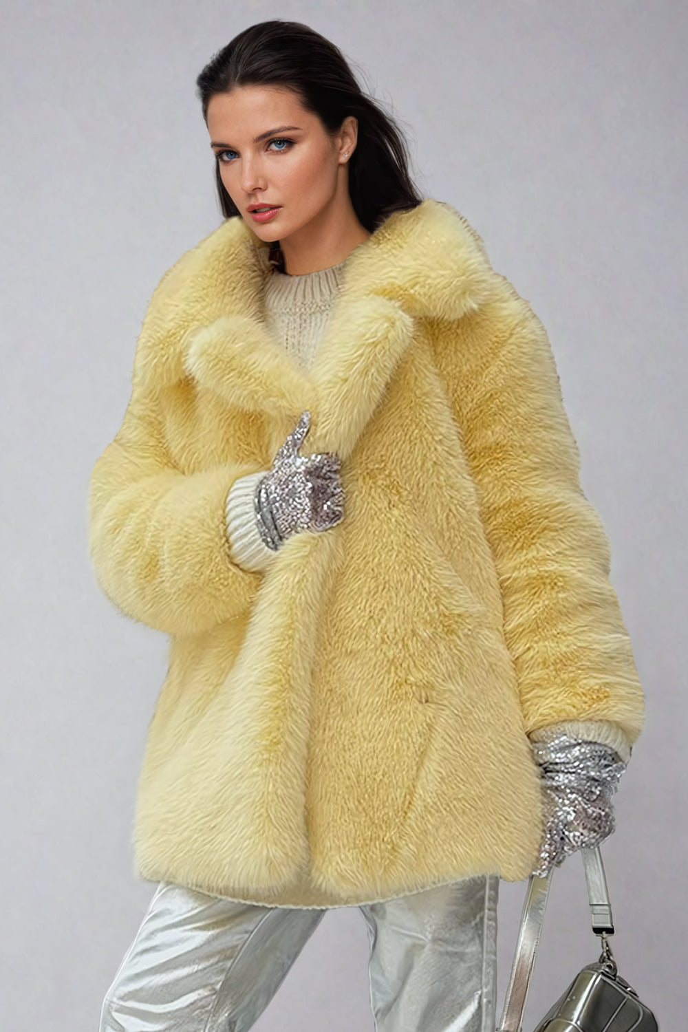 Oversized Fur Coat with Lapel Collar - Yellow