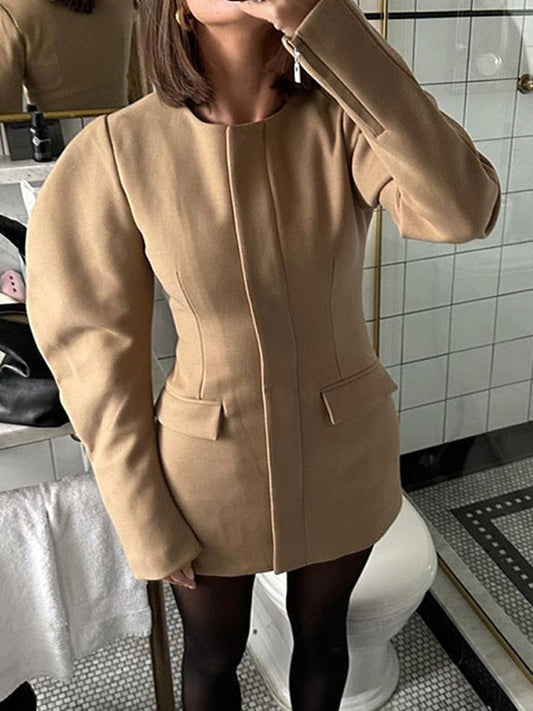 Long Sleeve Structured Mini Dress with Front Flap Pockets - Light Brown