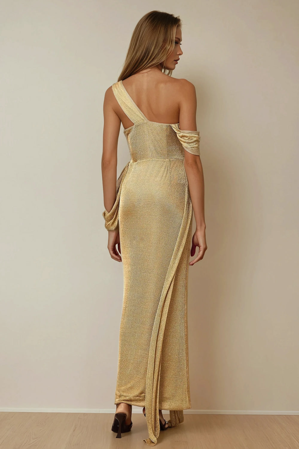 Draped One-Shoulder Textured Maxi Dress - Brown