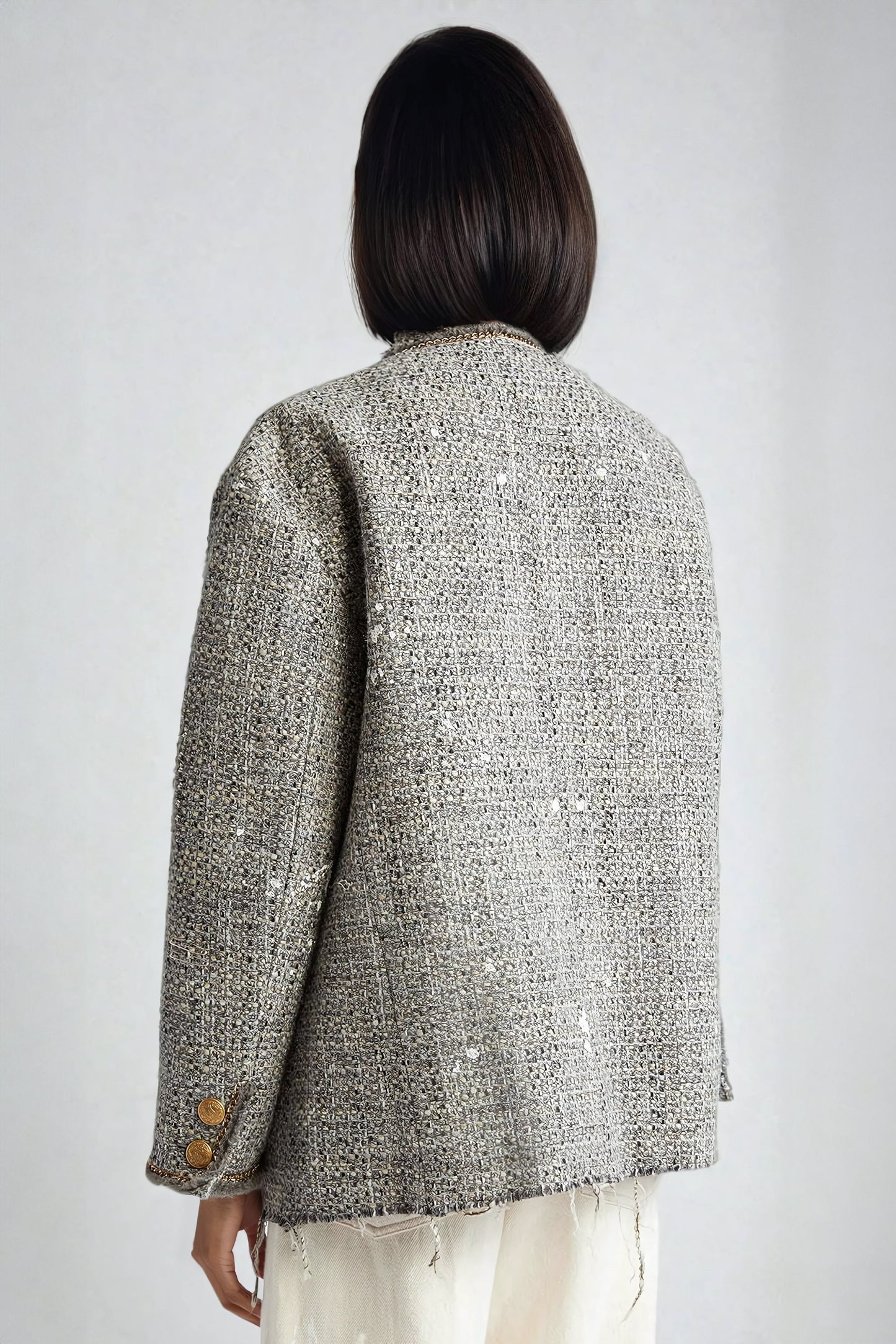 Chain-Embellished Plaid Jacket with Decorative Button Details - Gray