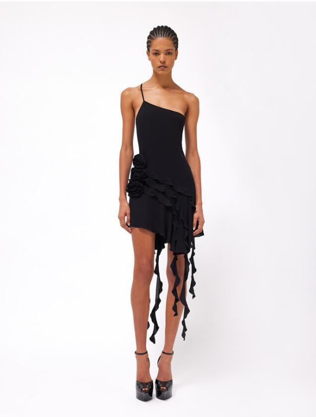 Asymmetrical Mini Dress with 3D Floral Details and Ruffles - Black