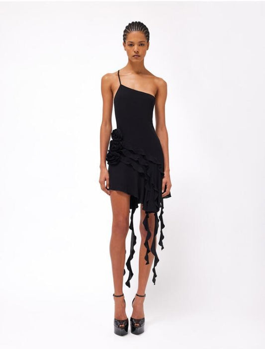 Asymmetrical Mini Dress with 3D Floral Details and Ruffles - Black