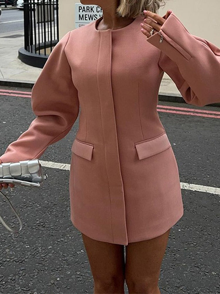 Long Sleeve Structured Mini Dress with Front Flap Pockets - Pink