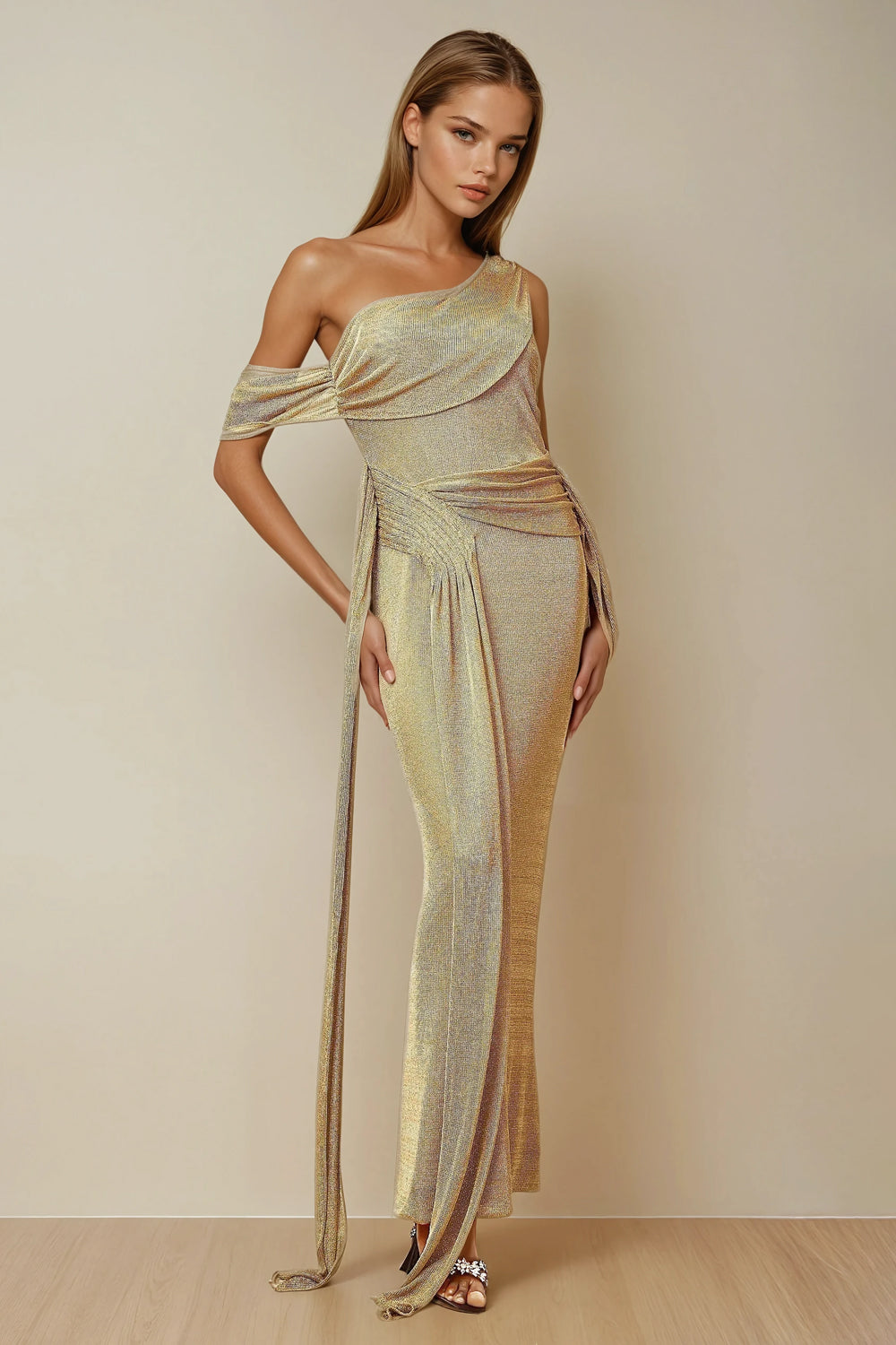 Draped One-Shoulder Textured Maxi Dress - Brown