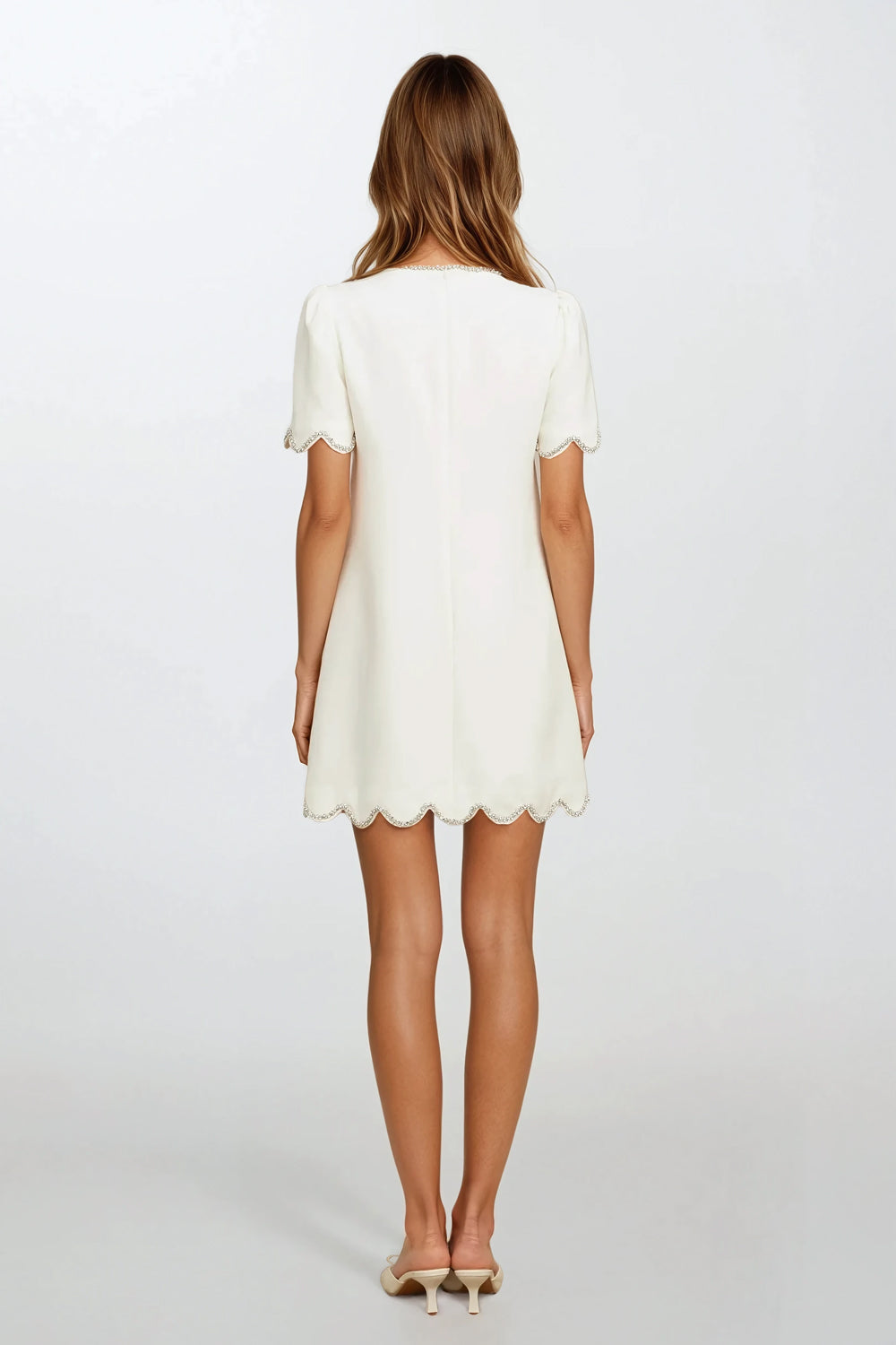 Short Sleeve Mini Dress with Embellished Trim - White