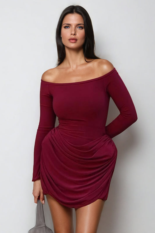 Off-Shoulder Ruched Mini Dress - Burgundy