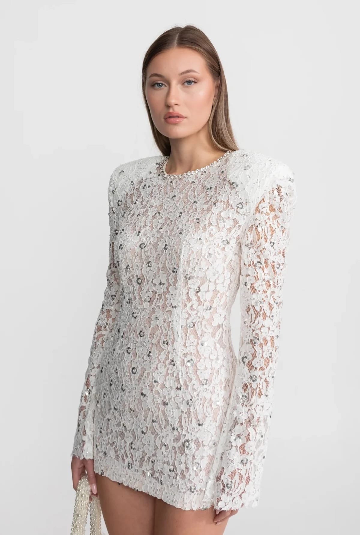 Long Sleeve Lace Mini Dress - White