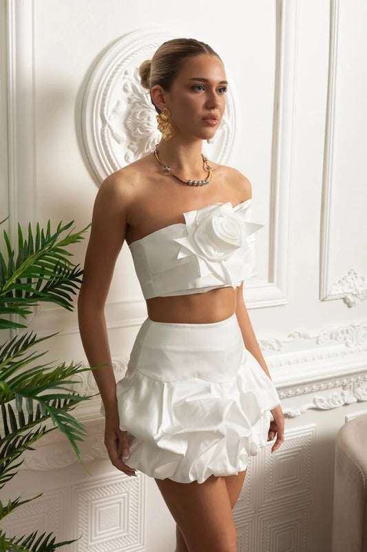 Rosette Crop Top & Bubble Mini Skirt Set - White