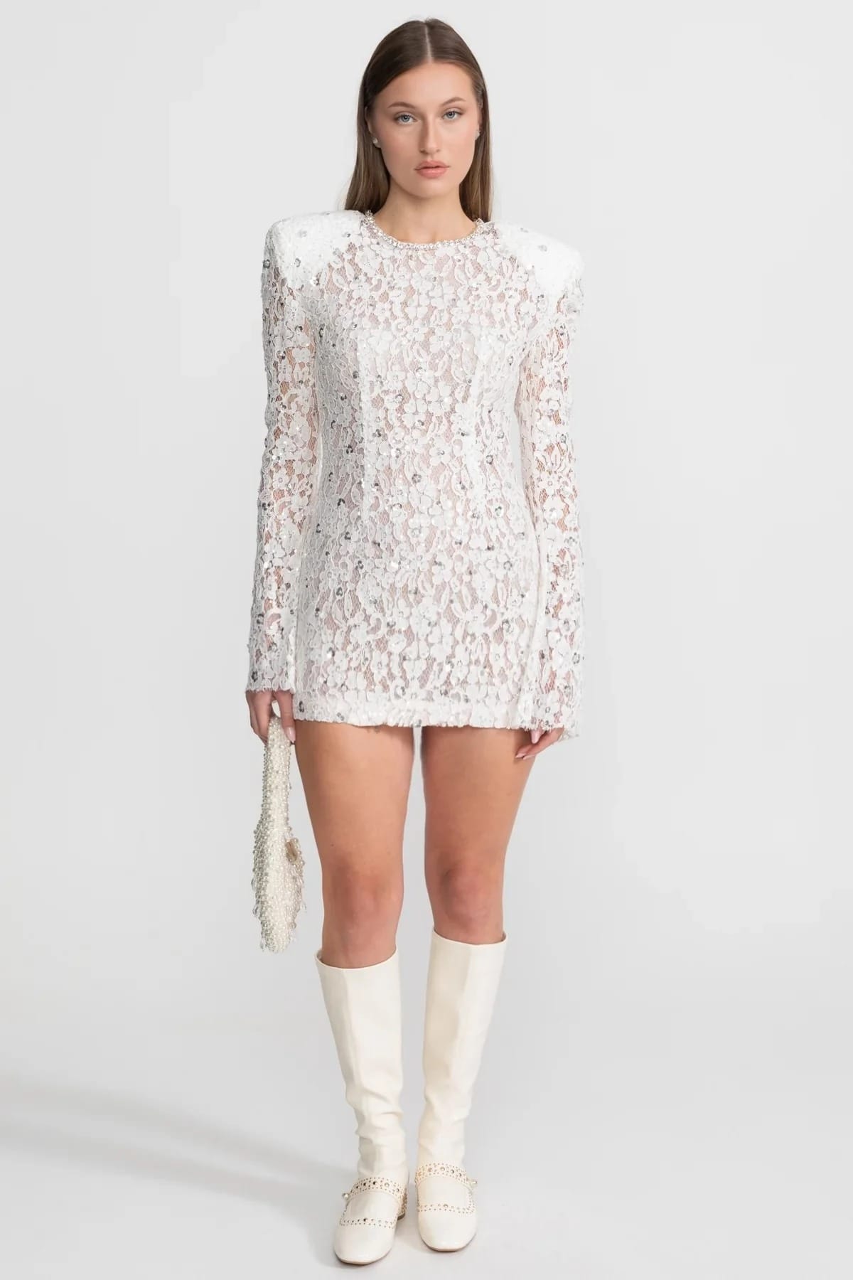 Long Sleeve Lace Mini Dress - White
