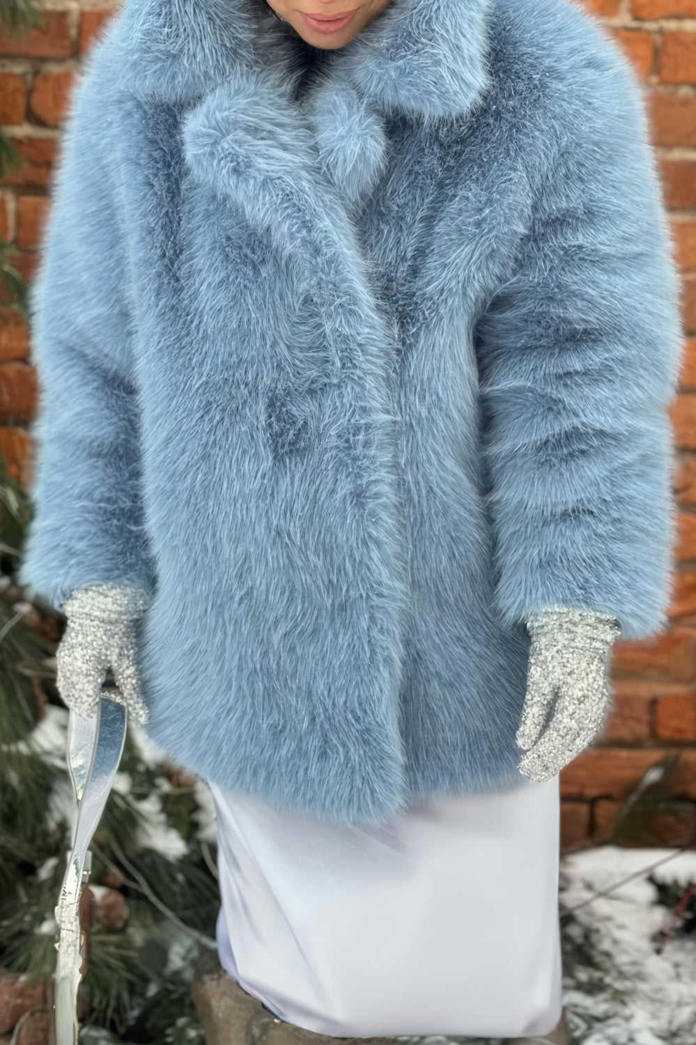 Oversized Fur Coat with Lapel Collar - Blue