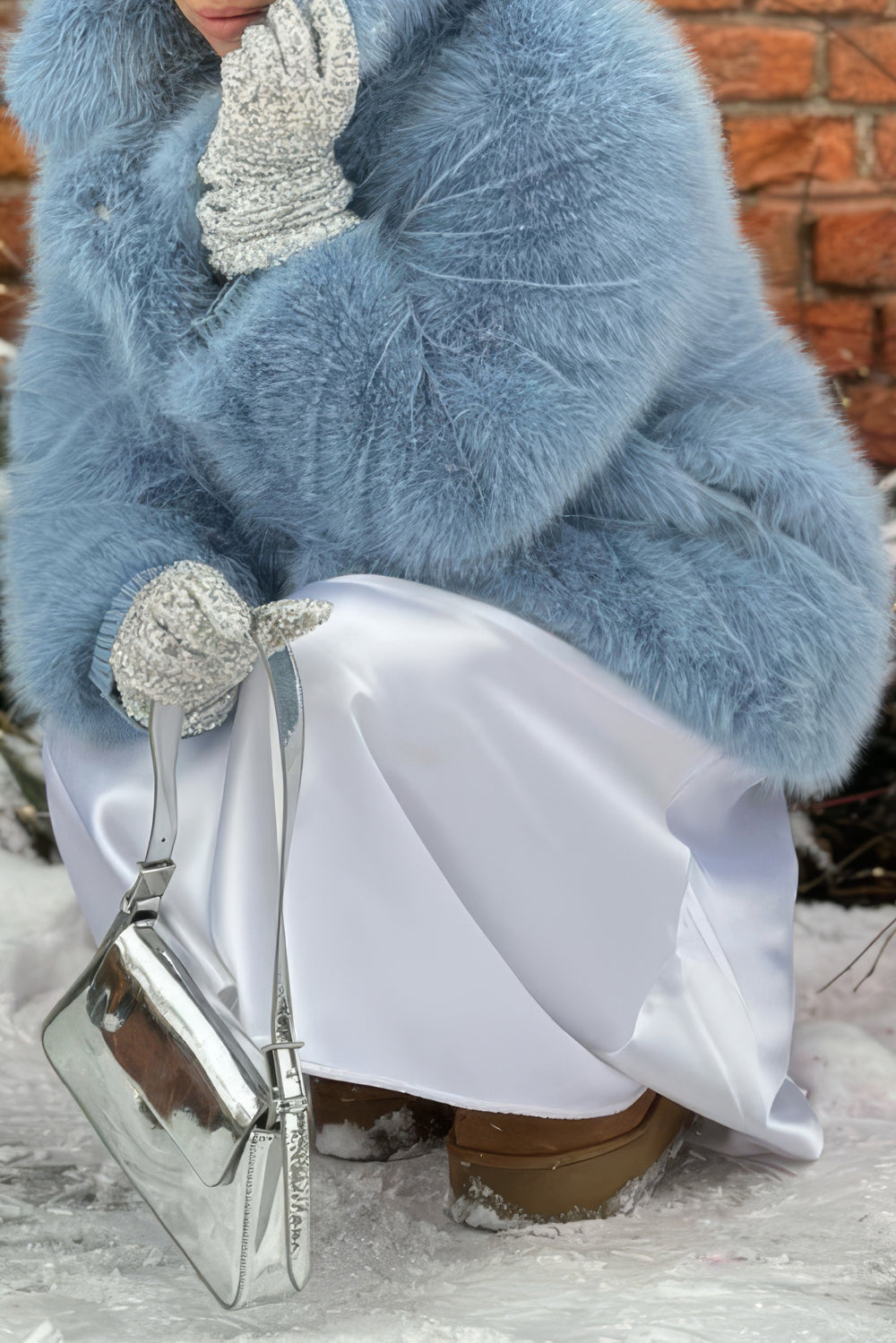 Oversized Fur Coat with Lapel Collar - Blue