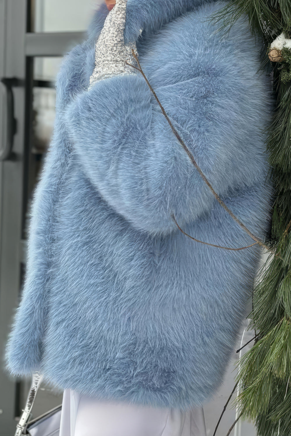 Oversized Fur Coat with Lapel Collar - Blue