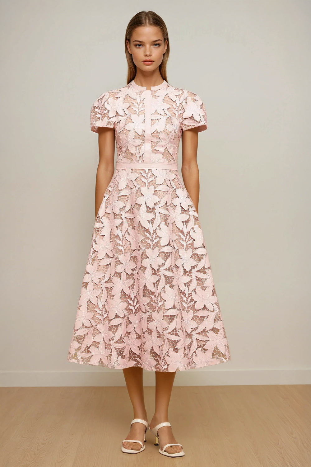 Short Sleeve Floral Lace Midi Dress - Pink