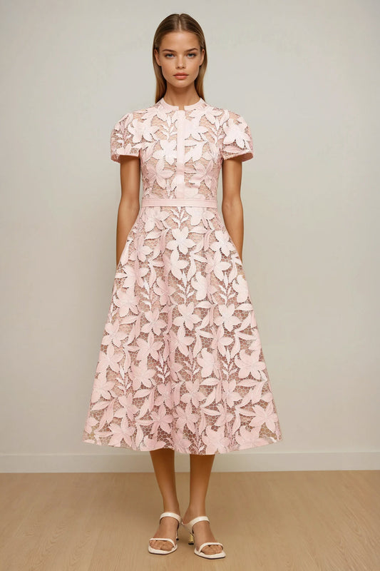 Short Sleeve Floral Lace Midi Dress - Pink