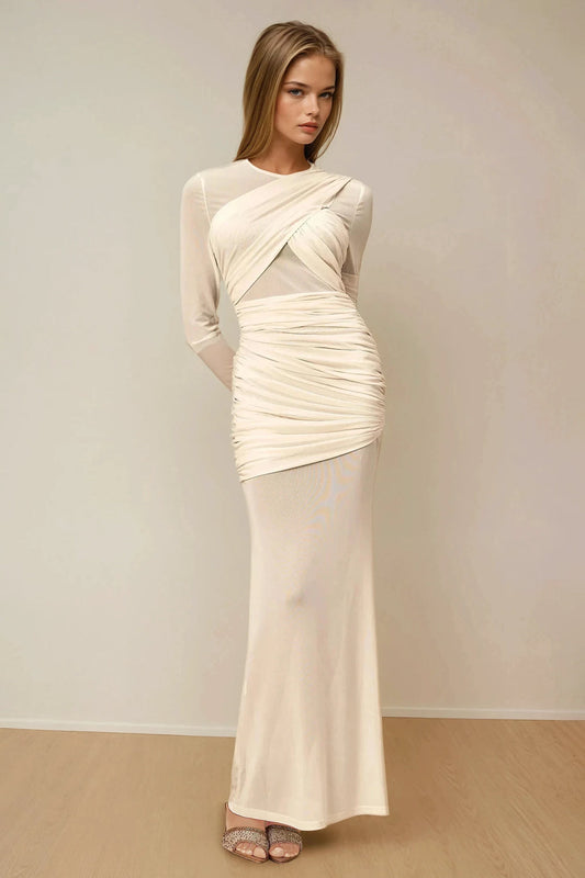 Ruched Sheer Longsleeve Maxi Dress - Beige