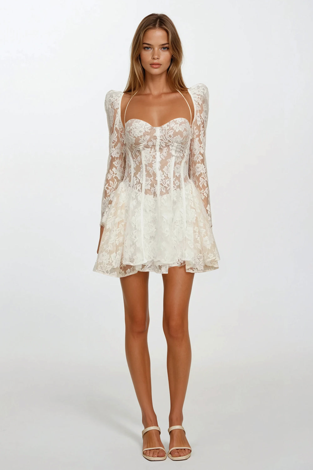 Sheer Lace Corset Mini Dress with Puff Sleeves - White