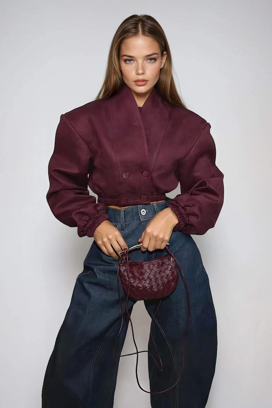 Double-Breasted Cropped Coat - Red