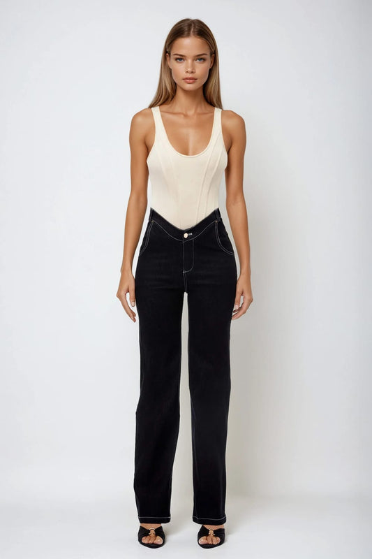 V-Waist Straight Leg Jeans - Blue