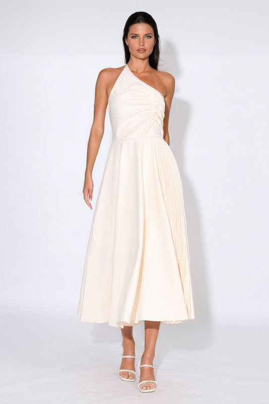 Asymmetrical Halter Pleated Midi Dress - Beige