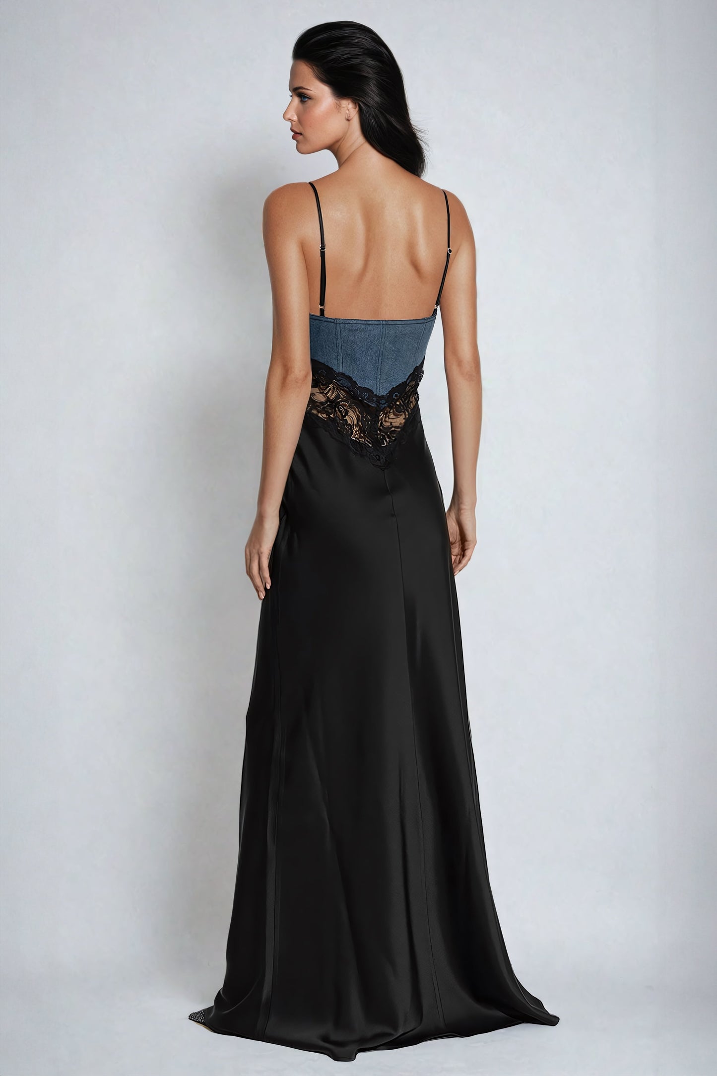 Denim and Lace Paneled Spaghetti Strap Maxi Dress - Black