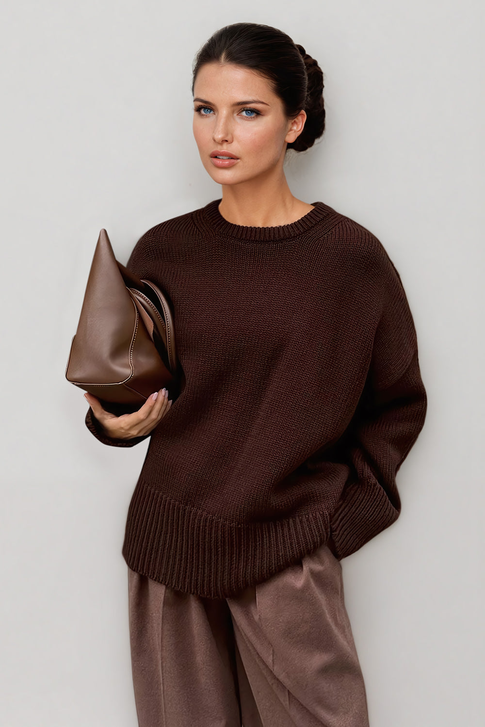 Oversized Knitted Sweater with Ribbed Cuffs and Hemline - Brown