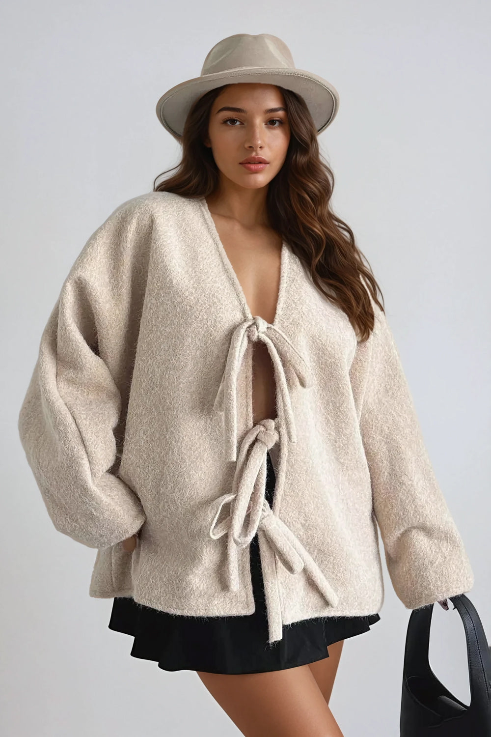 Oversized Sweater with Tie Closures - Beige