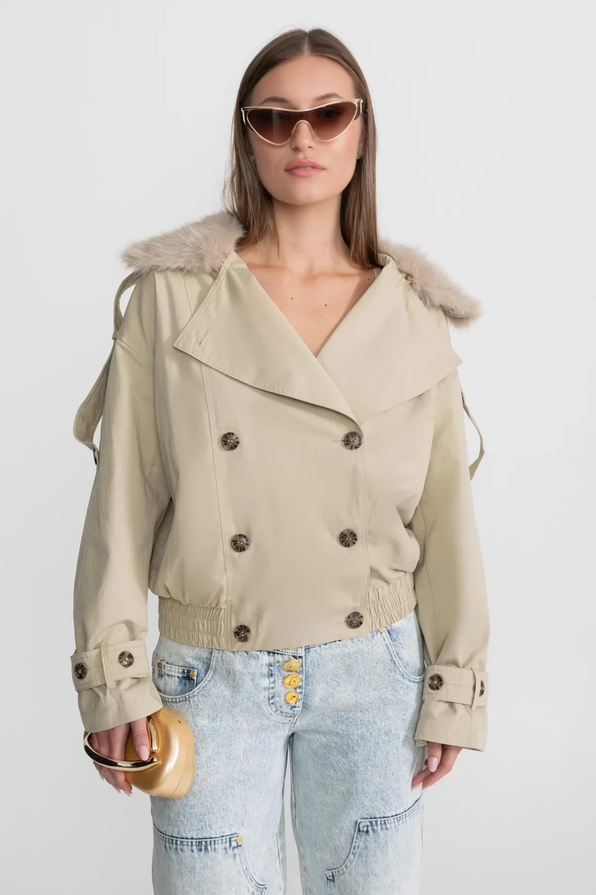 Cropped Trench Jacket with Fur Collar - Beige