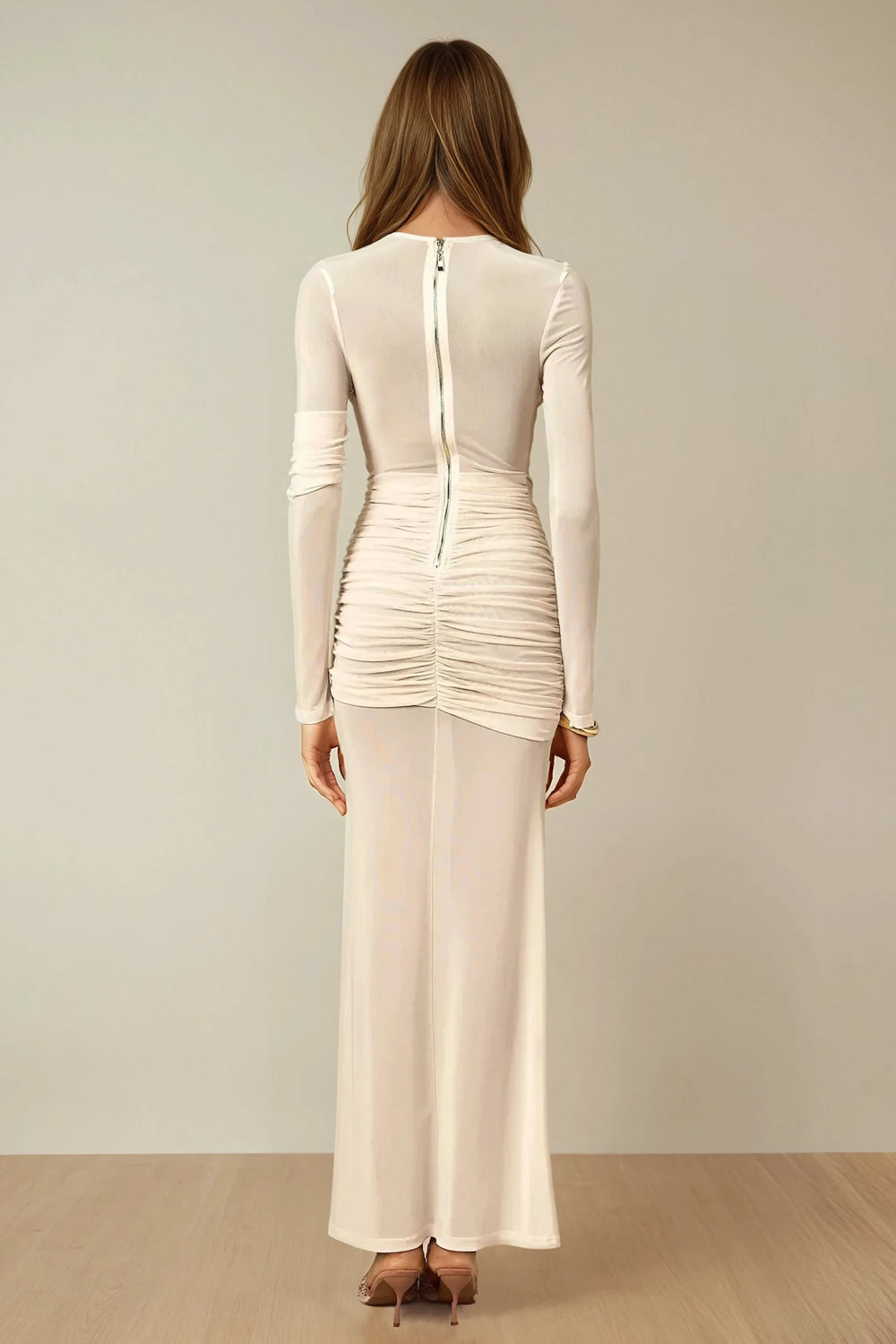 Ruched Sheer Longsleeve Maxi Dress - Beige