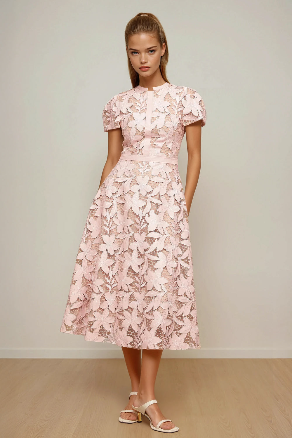 Short Sleeve Floral Lace Midi Dress - Pink