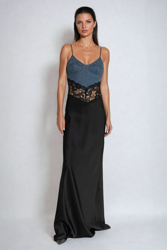 Denim and Lace Paneled Spaghetti Strap Maxi Dress - Black