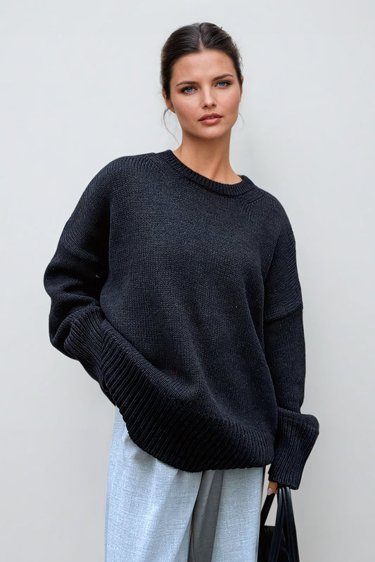 Oversized Knitted Sweater with Ribbed Cuffs and Hemline - Black