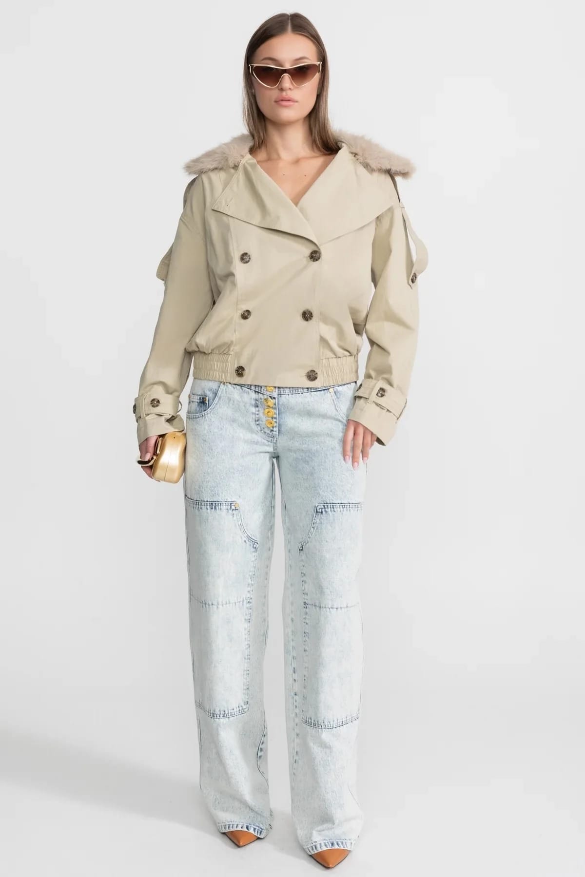 Cropped Trench Jacket with Fur Collar - Beige