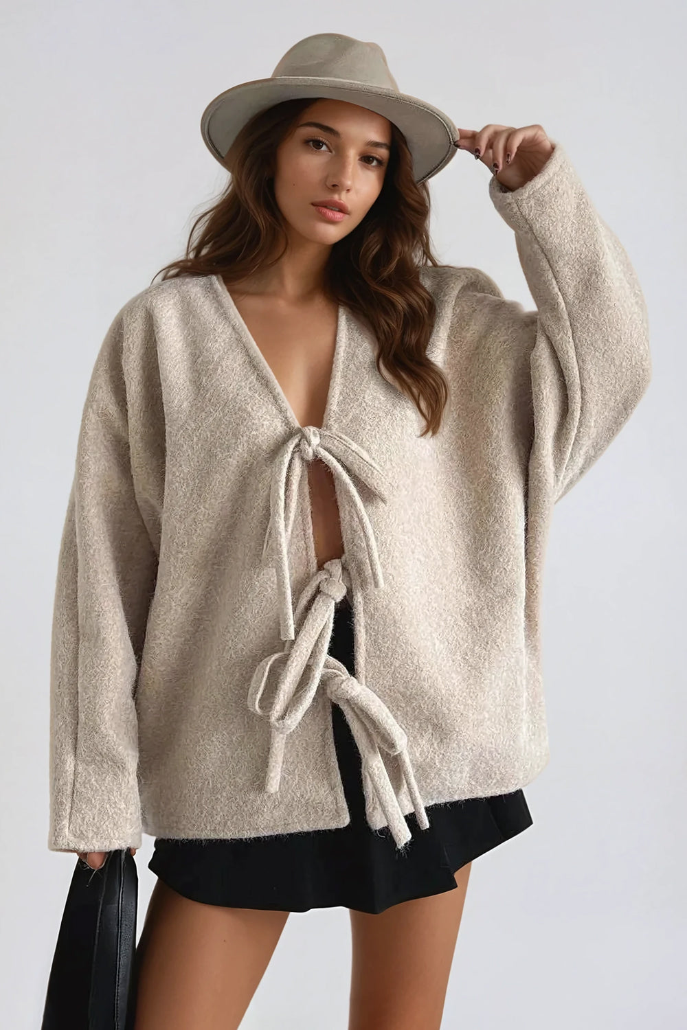 Oversized Sweater with Tie Closures - Beige