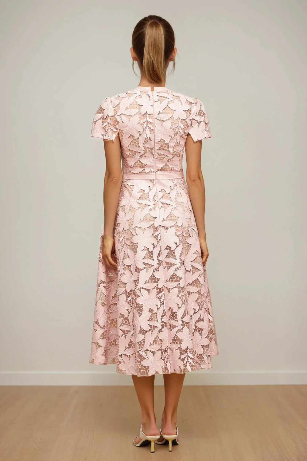 Short Sleeve Floral Lace Midi Dress - Pink