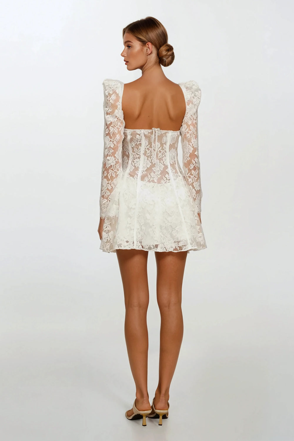 Sheer Lace Corset Mini Dress with Puff Sleeves - White