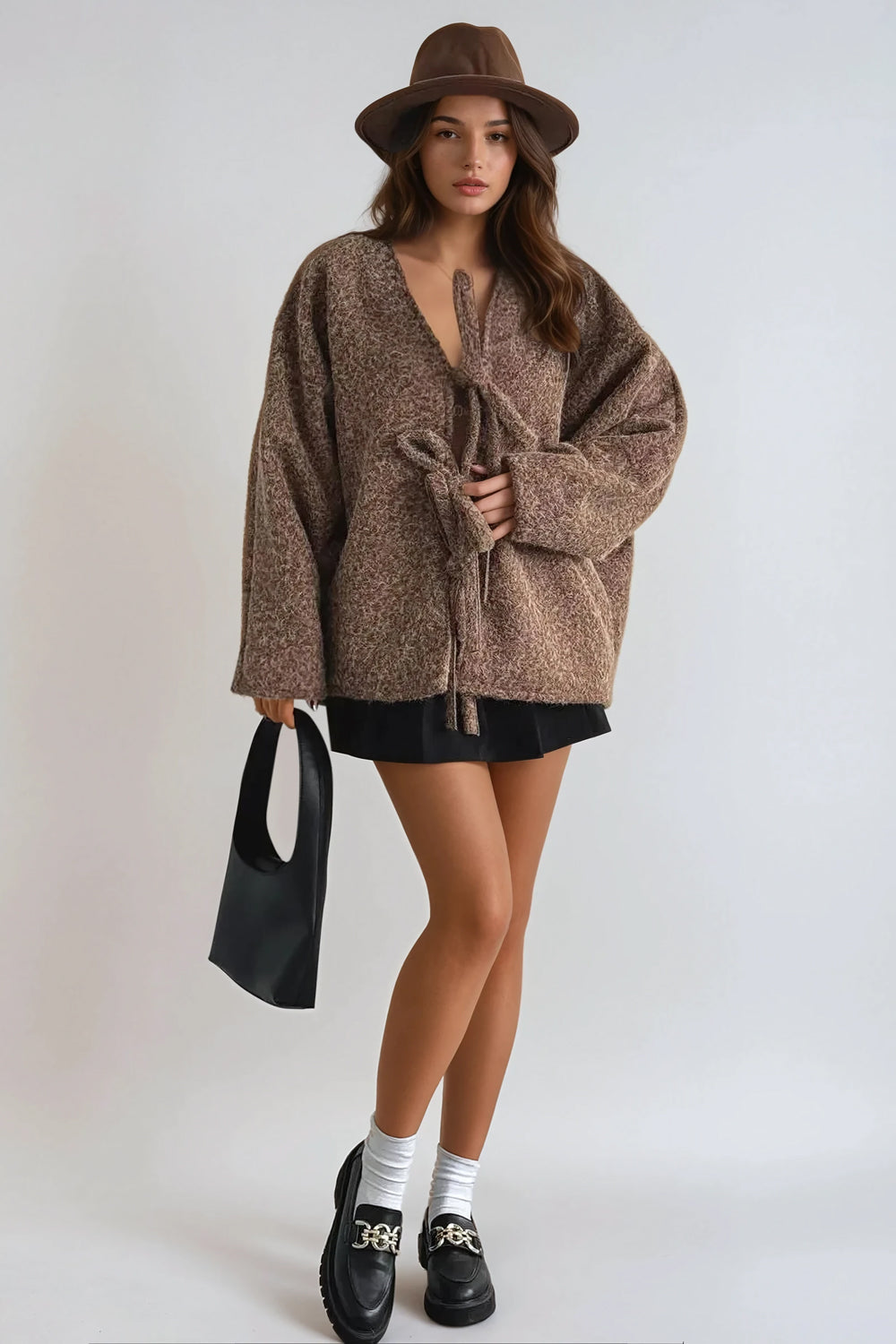 Oversized Sweater with Tie Closures - Brown