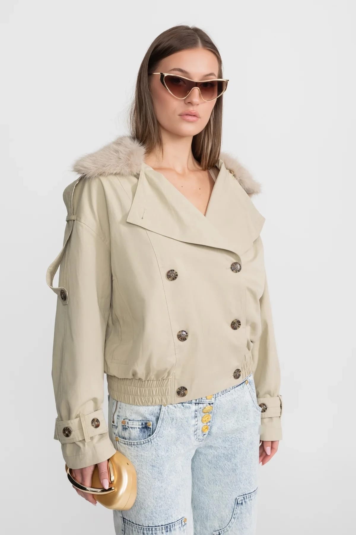 Cropped Trench Jacket with Fur Collar - Beige